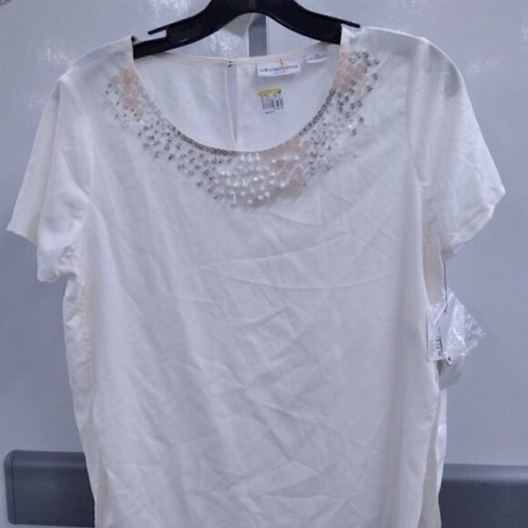 🆕NWT Liz Claiborne Short Sleeve Beaded Blouse PS - Picture 1 of 7